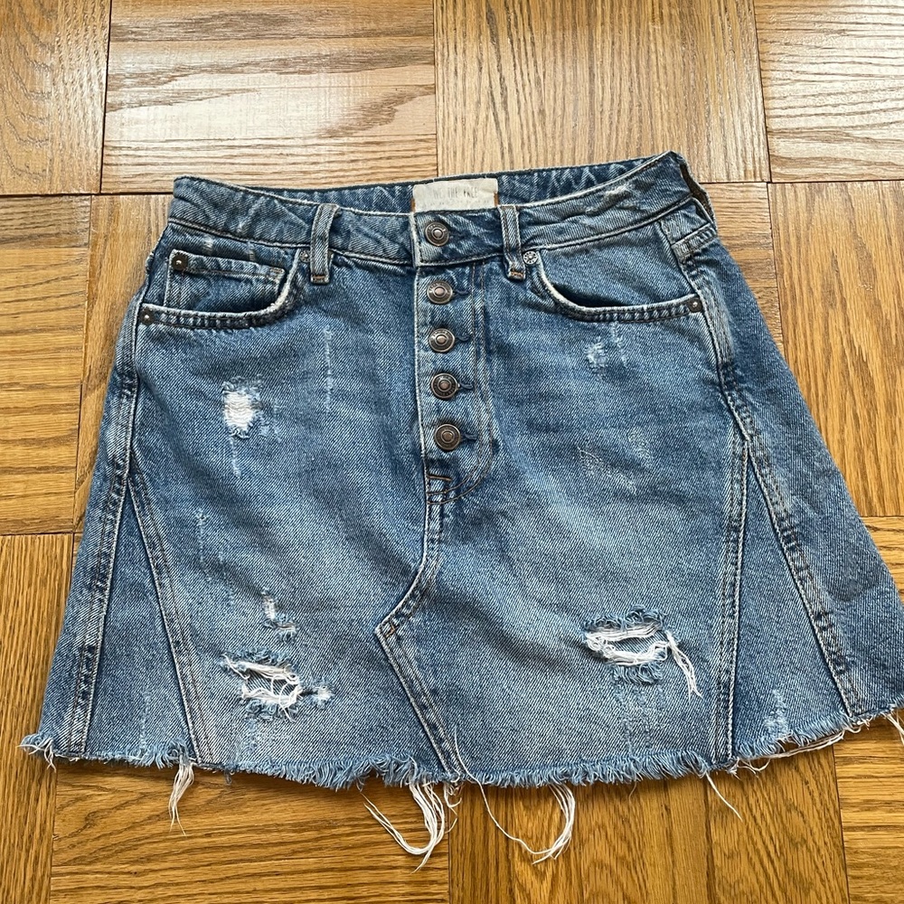 Free People Distressed Raw Hem Denim Mini Skirt